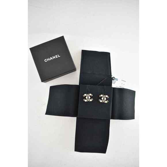 Chanel 22P Gold Black Crystal Pearl CC Logo Large Dangle Statement Stud Earrings - Picture 2 of 12